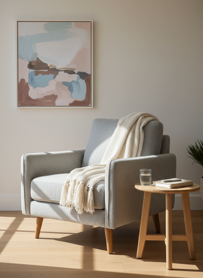 A neatly arranged therapy office corner without any people, featuring a light gray upholstered armchair with a soft, woven throw folded over one arm and a small, round wooden side table beside it. On the table rests a simple glass of water, a closed linen-bound notebook, and a pen. The space is set against a pale, warm white wall with a single abstract painting in muted blues and taupes. Soft afternoon light filters through an unseen window, creating gentle, natural shadows. Photographic realism, eye-level composition, moderate depth of field with a slightly blurred background, conveying a calm, professional, and approachable atmosphere suitable for adult therapy.