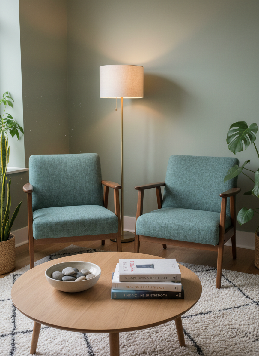 A cozy therapy waiting area without any people, featuring two empty mid-century modern chairs in muted teal fabric angled toward a low, light-wood coffee table. On the table, a neatly stacked selection of thoughtfully designed books about mental health and personal growth sits beside a small ceramic bowl filled with smooth river stones. A tall floor lamp with a linen shade casts warm, gentle light that blends with soft natural daylight from an off-frame window. Photographic realism at eye level, with balanced composition and clear focus, creating an inviting, professional space that feels safe, grounded, and approachable for adults seeking support.
