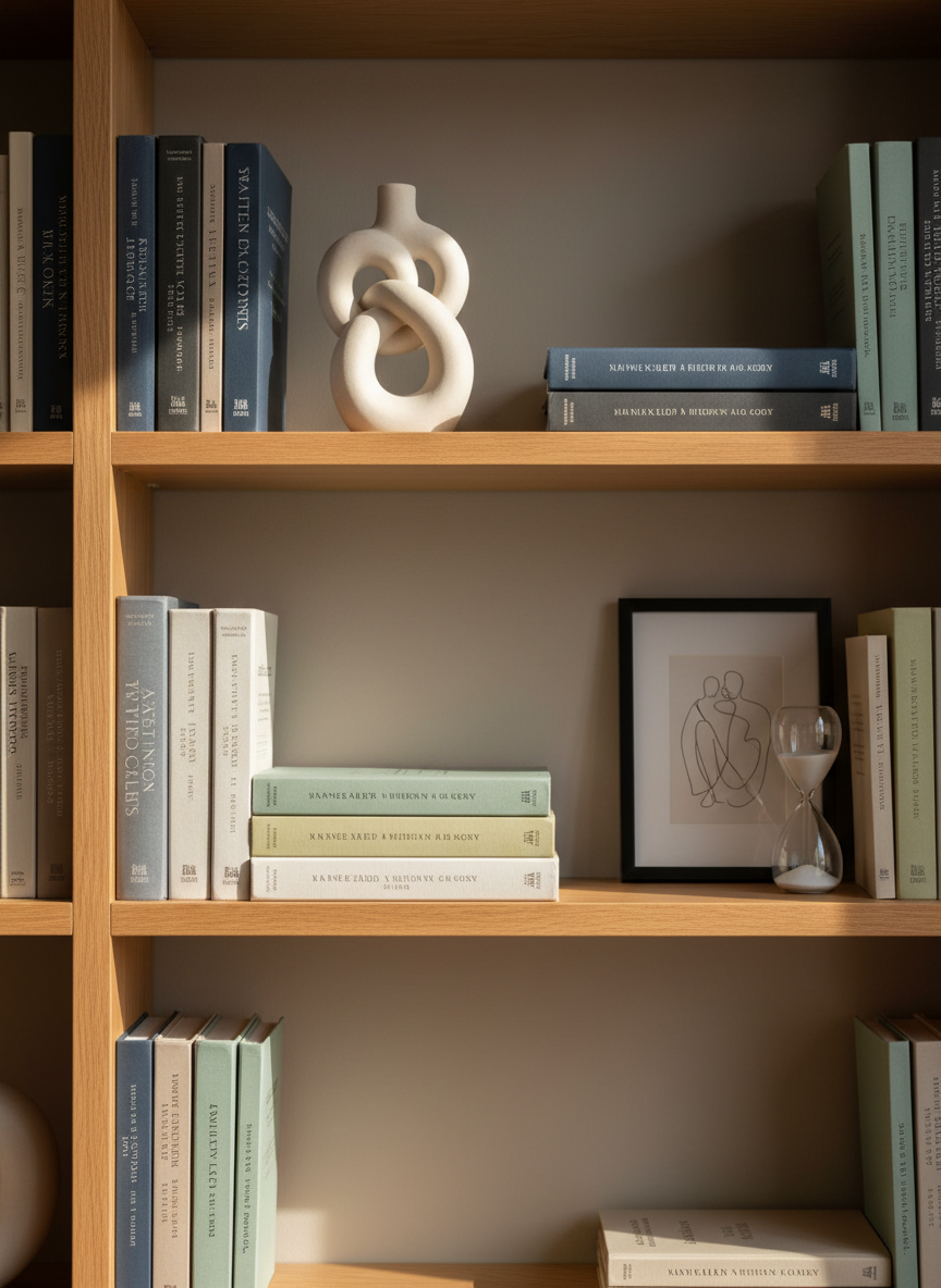 A close-up of a therapist’s bookshelf in photographic realism, filled with neatly arranged hardcover books in calm, muted colors like navy, soft gray, and warm beige. Interspersed are small, intentional objects: a matte-white ceramic sculpture suggesting interconnected shapes, a subtle hourglass with light sand, and a framed minimalist line drawing. The shelves are smooth, light oak with visible grain, set against a soft, neutral wall. Early morning natural light from the side creates gentle highlights and shadows across the spines and objects. Captured at a slight angle with moderate depth of field, the mood is thoughtful, professional, and quietly reassuring, suggesting depth of knowledge and practical guidance without feeling overwhelming.